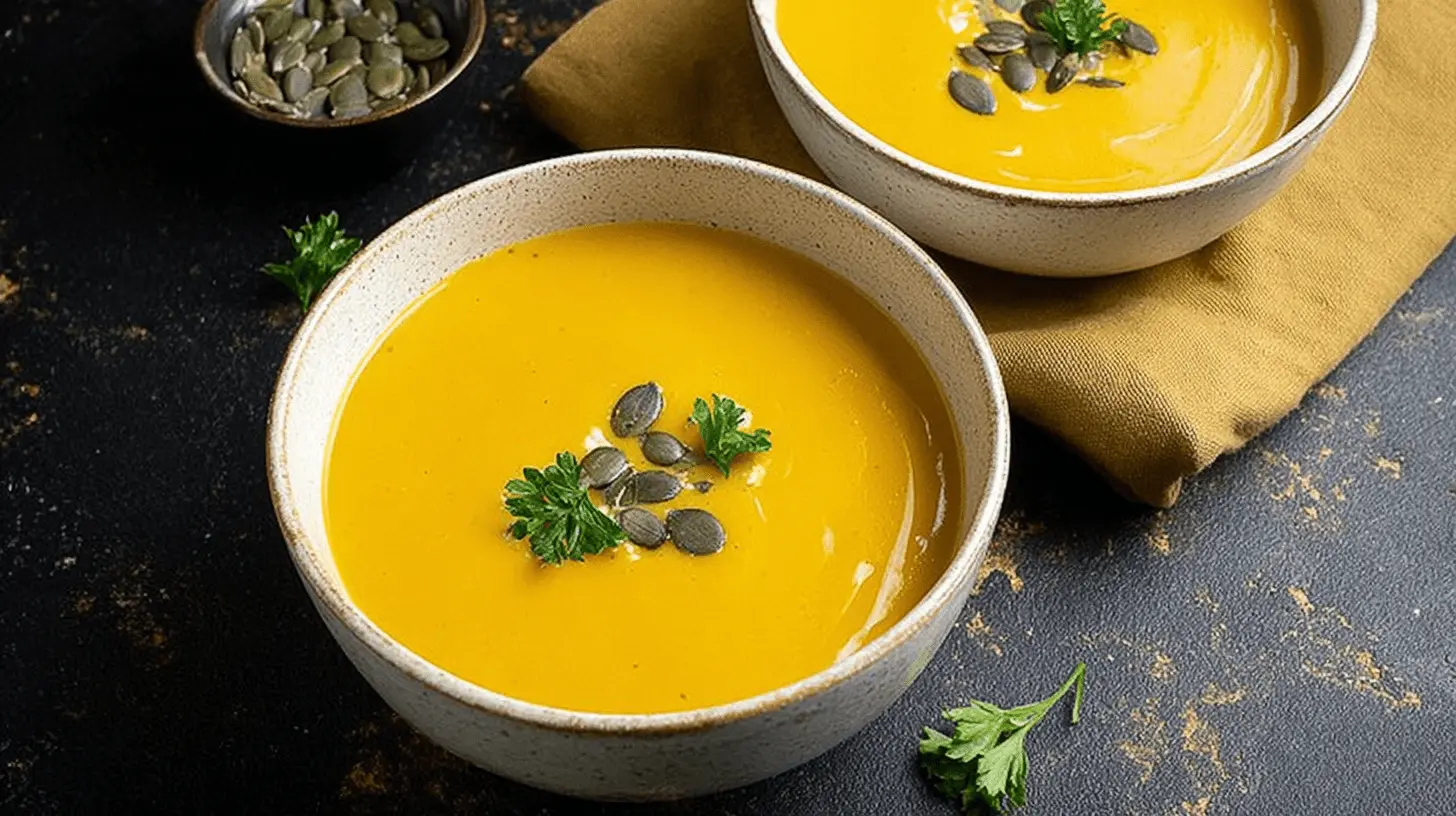 Two bowls of creamy pumpkin soup with coconut milk, garnished with pumpkin seeds and parsley, on a rustic dark surface.