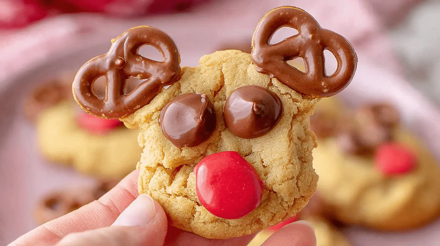 A charming, handmade reindeer cookies with pretzel antlers and a red candy nose, held gently in a hand against a blurred pink background.