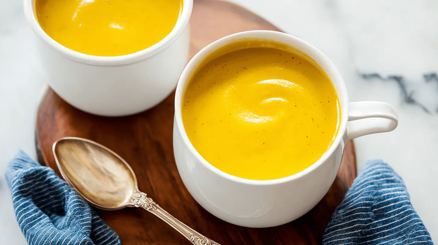 Two mugs of creamy roasted butternut squash soup served on a dark wooden board with an antique spoon.