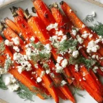 Close-up overhead view of vibrant Roasted Carrots with Feta, garnished with fresh dill on a rustic plate.