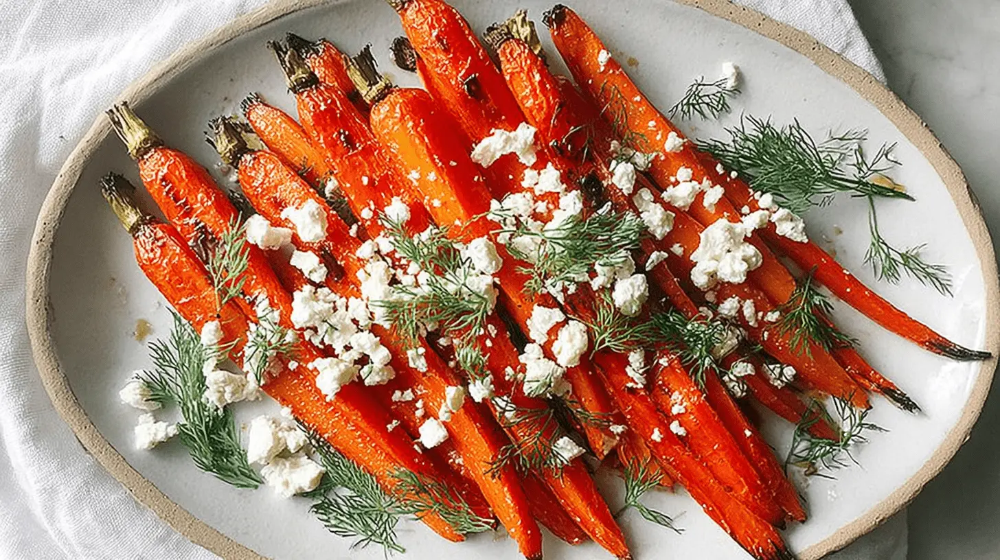 Close-up overhead view of vibrant Roasted Carrots with Feta, garnished with fresh dill on a rustic plate.