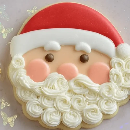 A meticulously decorated Santa face cookie with a red hat, white beard, and candy eyes, resting on a shimmering, glitter-dusted tray alongside a piping bag, perfect for holiday Santa face cookies.