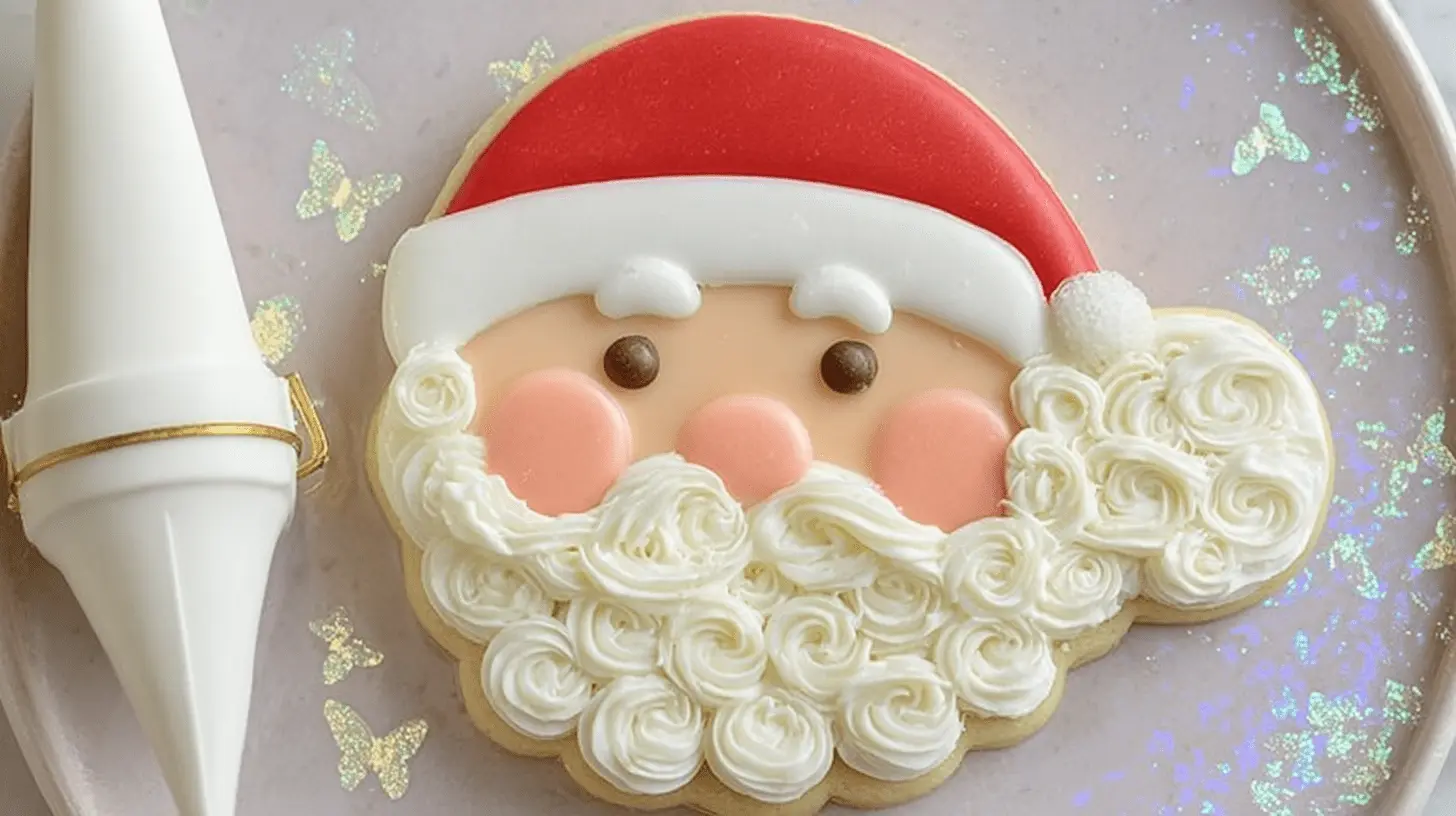 A meticulously decorated Santa face cookie with a red hat, white beard, and candy eyes, resting on a shimmering, glitter-dusted tray alongside a piping bag, perfect for holiday Santa face cookies.