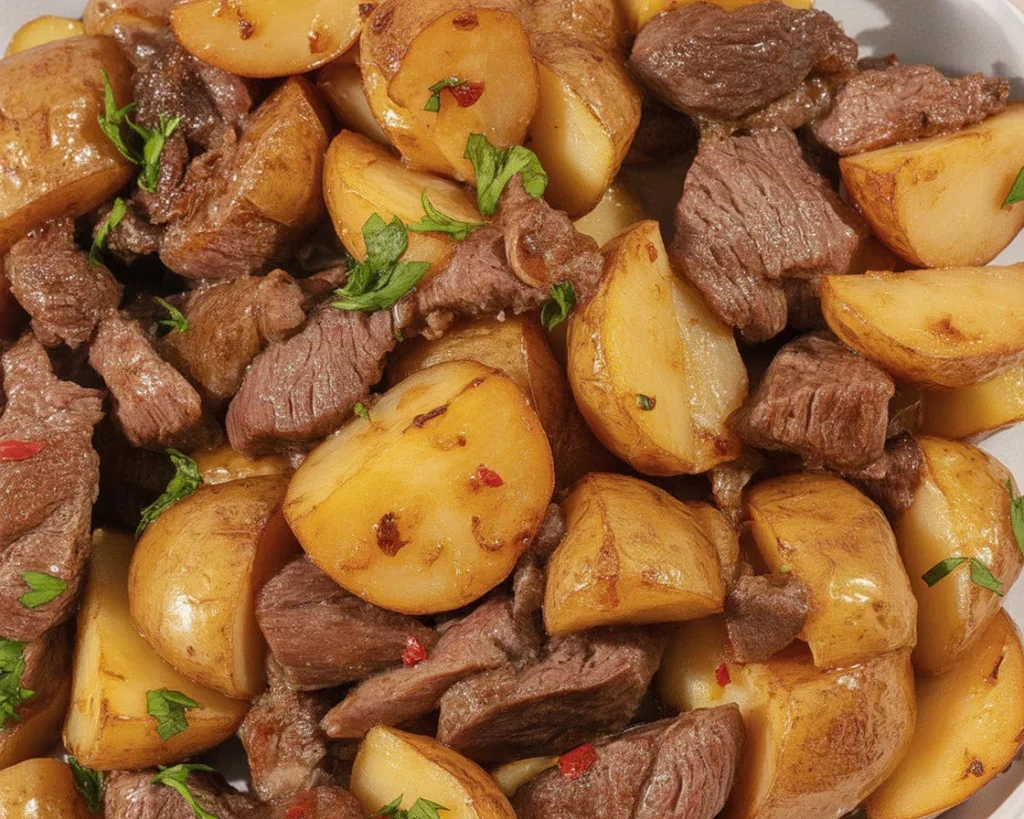 Garlic Butter Beef Bites & Potatoes dish cooked to perfection with fresh herbs.