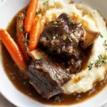 Delicious bone-in beef short ribs, perfectly tender from the slow cooker, served with creamy mashed potatoes and glazed carrots. Slow Cooker Short Ribs