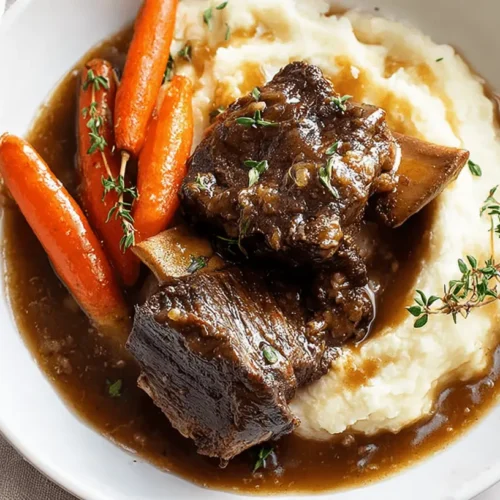 Delicious bone-in beef short ribs, perfectly tender from the slow cooker, served with creamy mashed potatoes and glazed carrots. Slow Cooker Short Ribs