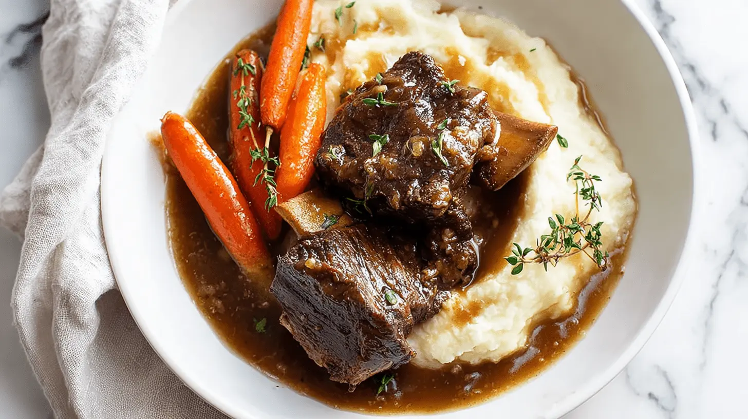 Delicious bone-in beef short ribs, perfectly tender from the slow cooker, served with creamy mashed potatoes and glazed carrots. Slow Cooker Short Ribs