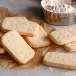 Freshly baked rectangular shortbread cookies piled on parchment paper, with a measuring cup of flour in the background, showcasing a delicious homemade treat.