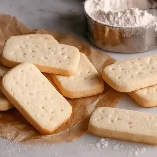 Freshly baked rectangular shortbread cookies piled on parchment paper, with a measuring cup of flour in the background, showcasing a delicious homemade treat.