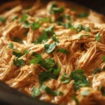 A hearty close-up of slow cooker chicken and gravy, richly coated and garnished with green herbs in a dark pot.