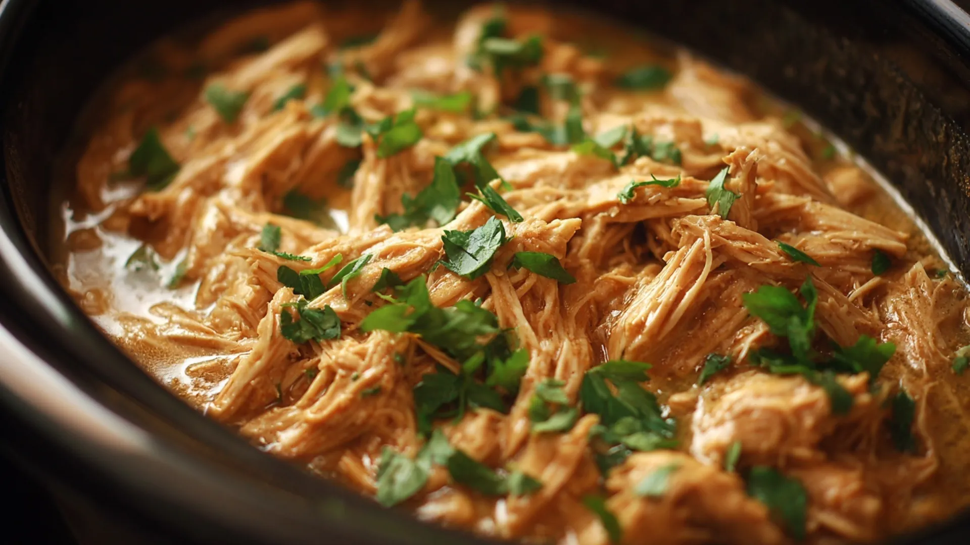 A hearty close-up of slow cooker chicken and gravy, richly coated and garnished with green herbs in a dark pot.