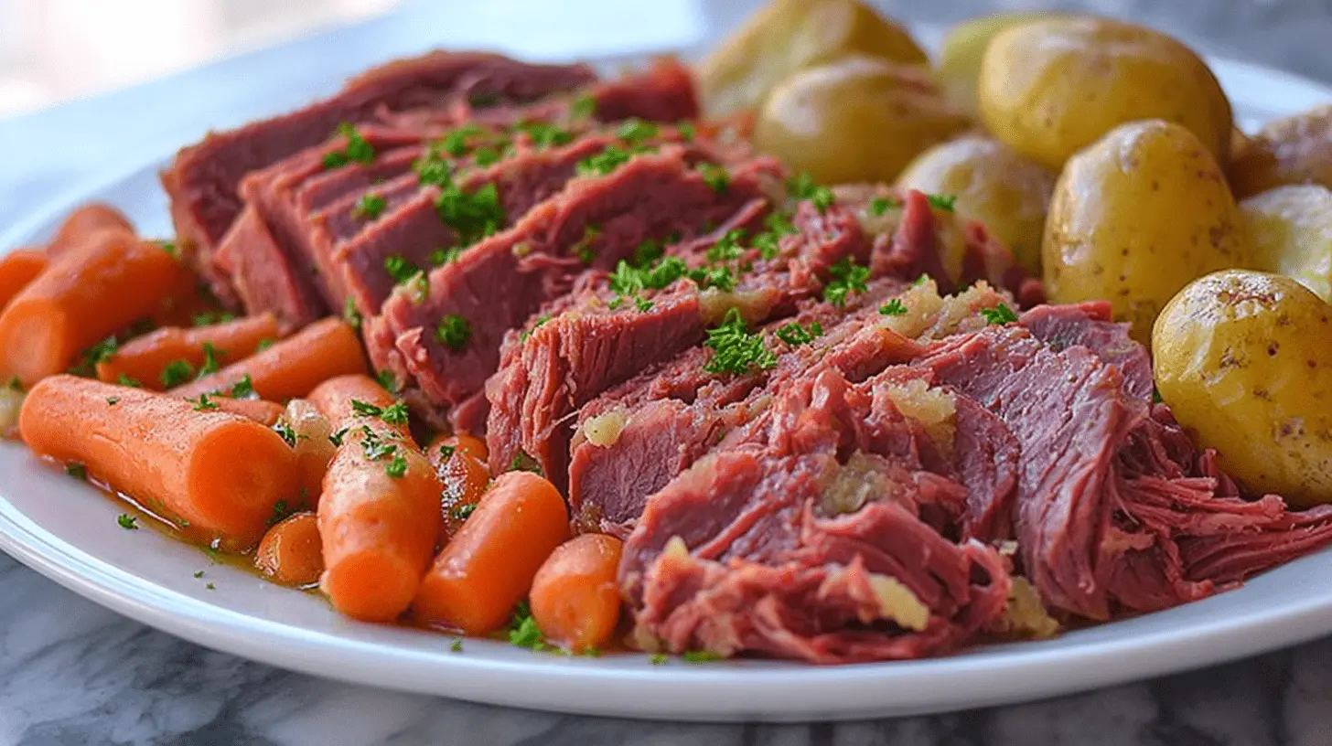 Sliced slow cooker corned beef with tender carrots and potatoes on a white platter.