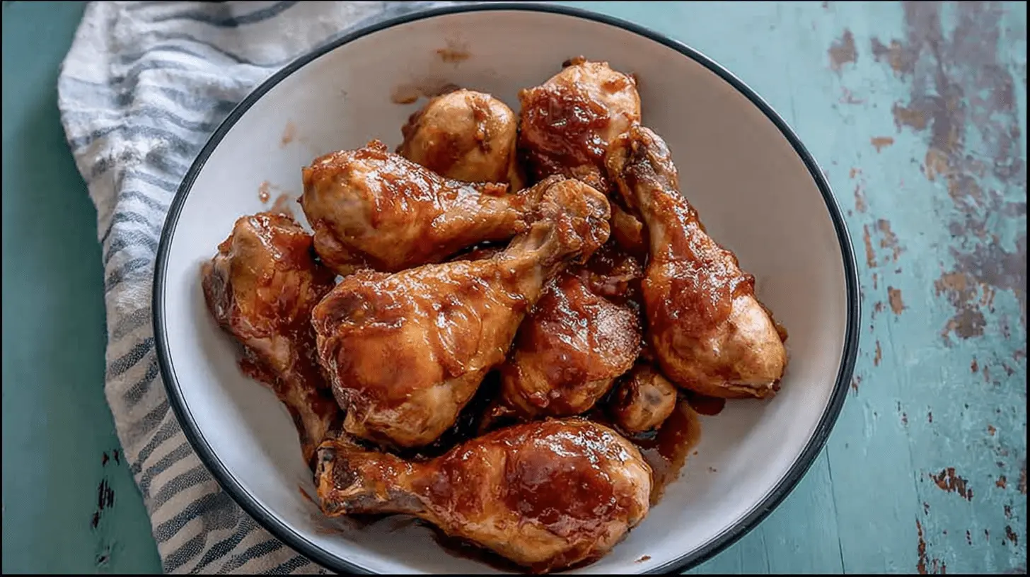 Appetizing close-up of glazed Slow Cooker Drumsticks (4-Ingredients!) served in a rustic white bowl.