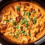 Overhead view of a delicious Slow Cooker Marry Me Chicken, rich with chicken and sun-dried tomatoes, garnished with fresh basil in a dark ceramic pot.