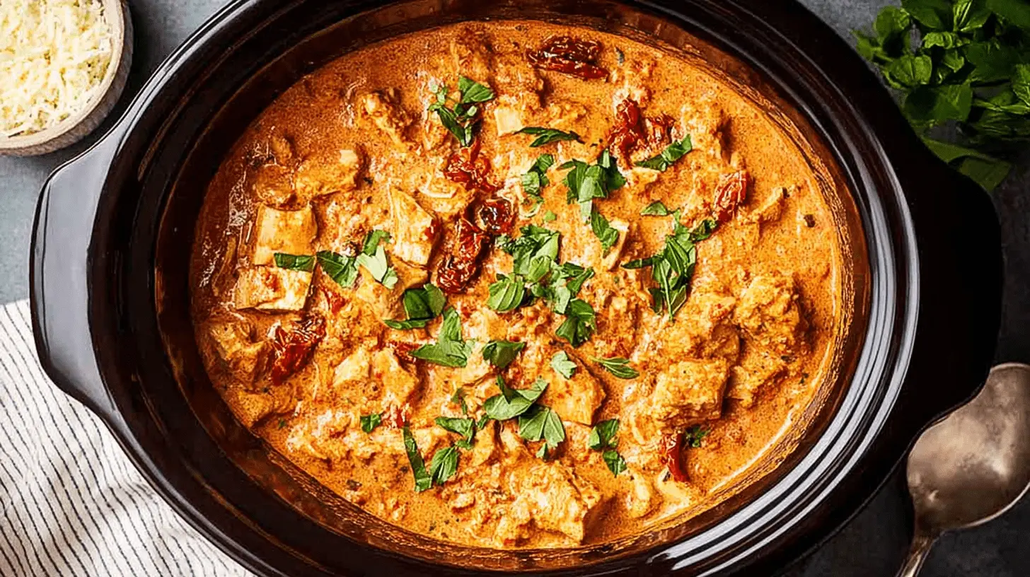 Overhead view of a delicious Slow Cooker Marry Me Chicken, rich with chicken and sun-dried tomatoes, garnished with fresh basil in a dark ceramic pot.