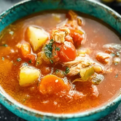 A rustic teal ceramic bowl filled with hearty Slow Cooker Tuscan Chicken Stew, garnished with fresh herbs, on a dark stone surface.