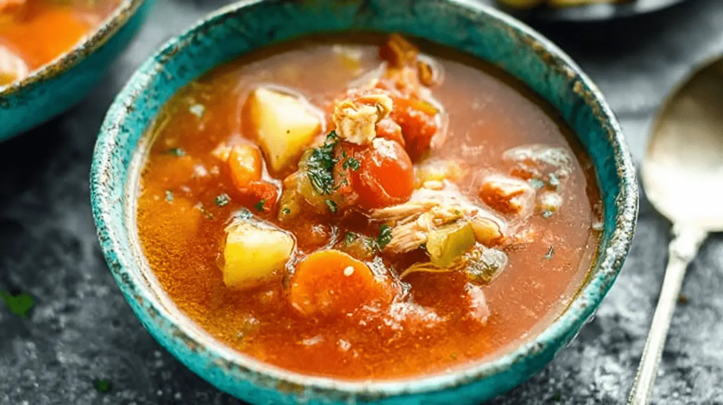 A rustic teal ceramic bowl filled with hearty Slow Cooker Tuscan Chicken Stew, garnished with fresh herbs, on a dark stone surface.