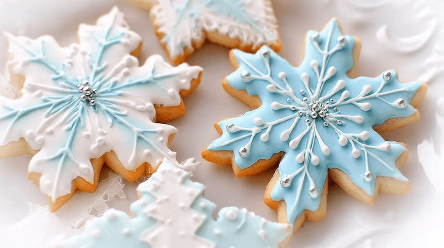 Close-up of intricately decorated white and blue royal icing snowflake cookies with shimmering silver edible pearls.