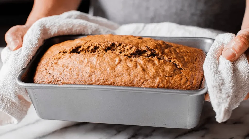 Hands carefully holding a freshly baked, golden-brown loaf of sourdough pumpkin bread in a metal pan on a marble countertop.
