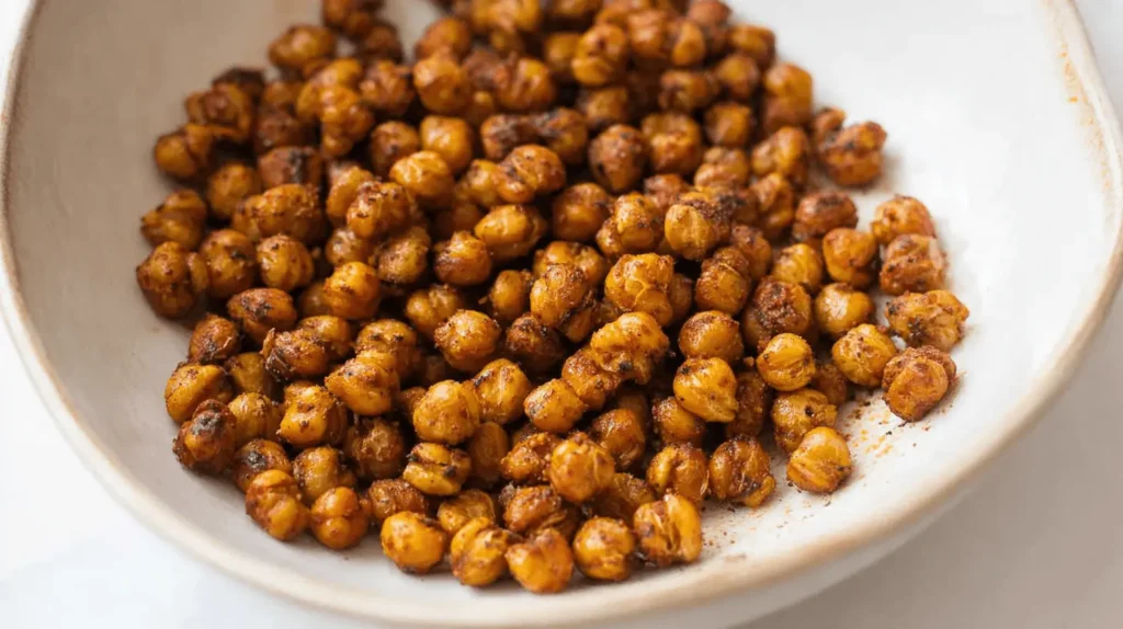 Close-up of a bowl filled with perfectly seasoned, crispy Spicy Roasted Chickpeas.