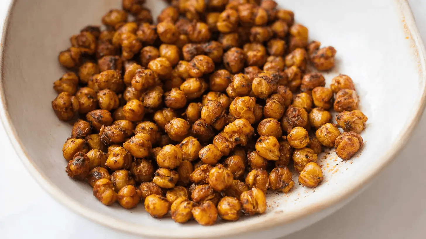 Close-up of a bowl filled with perfectly seasoned, crispy Spicy Roasted Chickpeas.