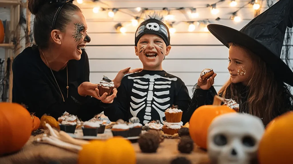 Joyful family celebrating Halloween, eating Spooky Skeleton Cupcakes, with a boy in a skeleton costume and festive decorations.