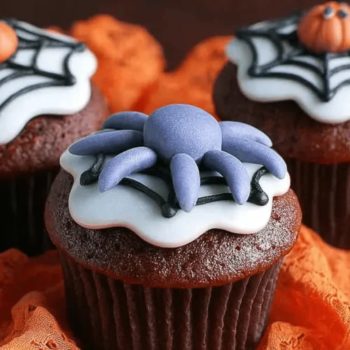 Delicious Spooky Spiderweb Cupcakes, decorated with festive spiders and pumpkins, on an orange Halloween tablecloth.