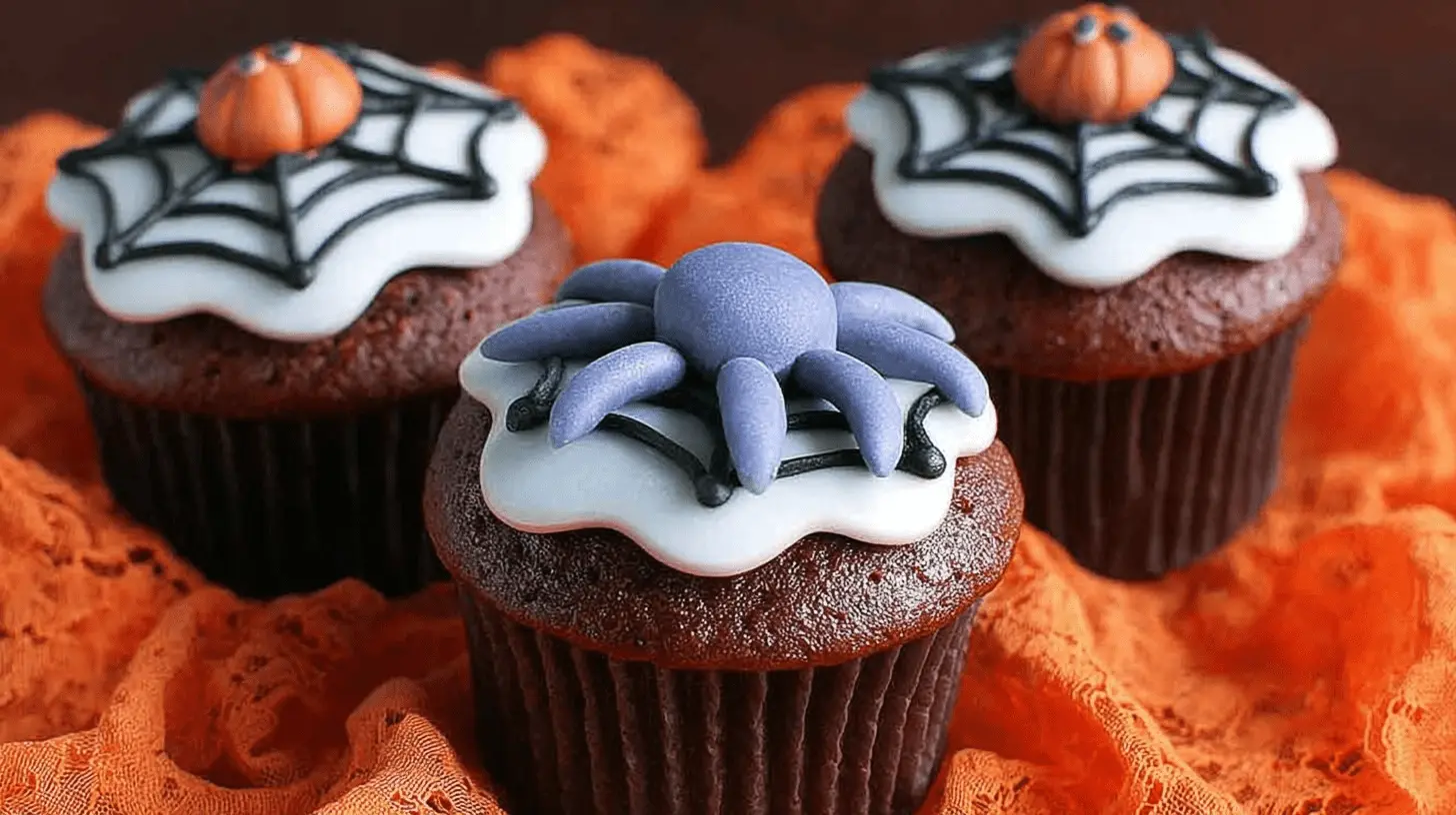 Delicious Spooky Spiderweb Cupcakes, decorated with festive spiders and pumpkins, on an orange Halloween tablecloth.
