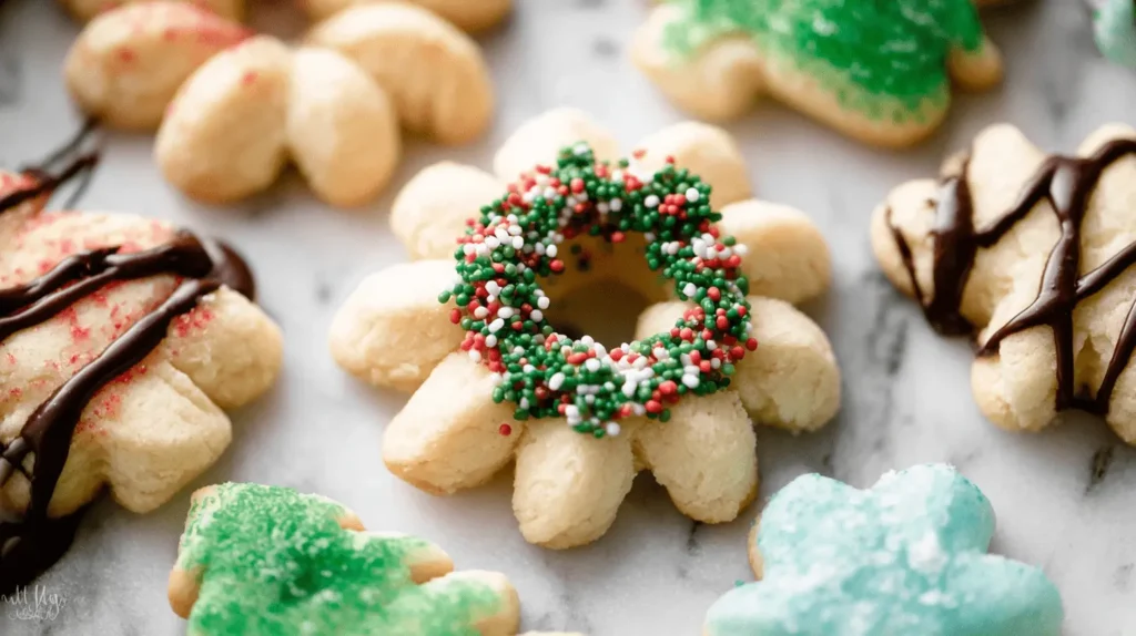 Festively decorated Spritz Cookies, including sprinkle-adorned and chocolate-drizzled varieties, arranged on a light surface.