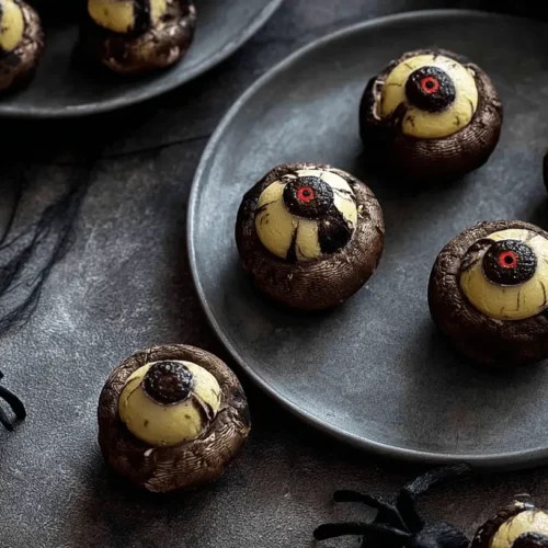 Spooky Halloween display featuring Stuffed Mushroom Eyeball appetizers with red bloodshot pupils and spider decorations.