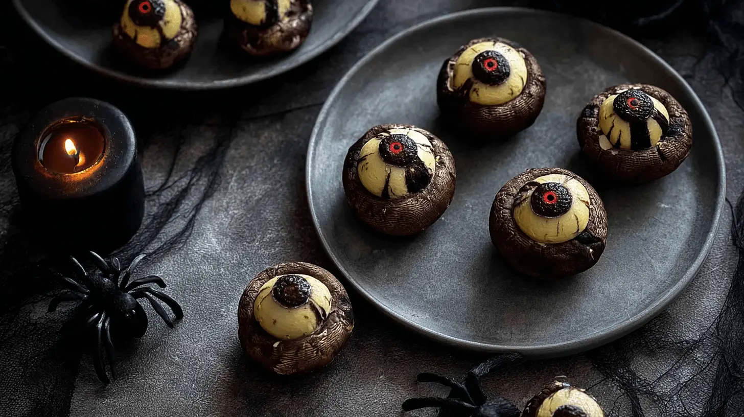 Spooky Halloween display featuring Stuffed Mushroom Eyeball appetizers with red bloodshot pupils and spider decorations.