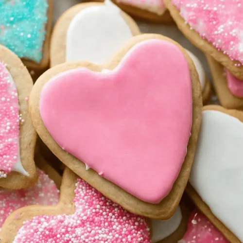 Heart-shaped sugar cookies with pastel icing and festive sprinkles.