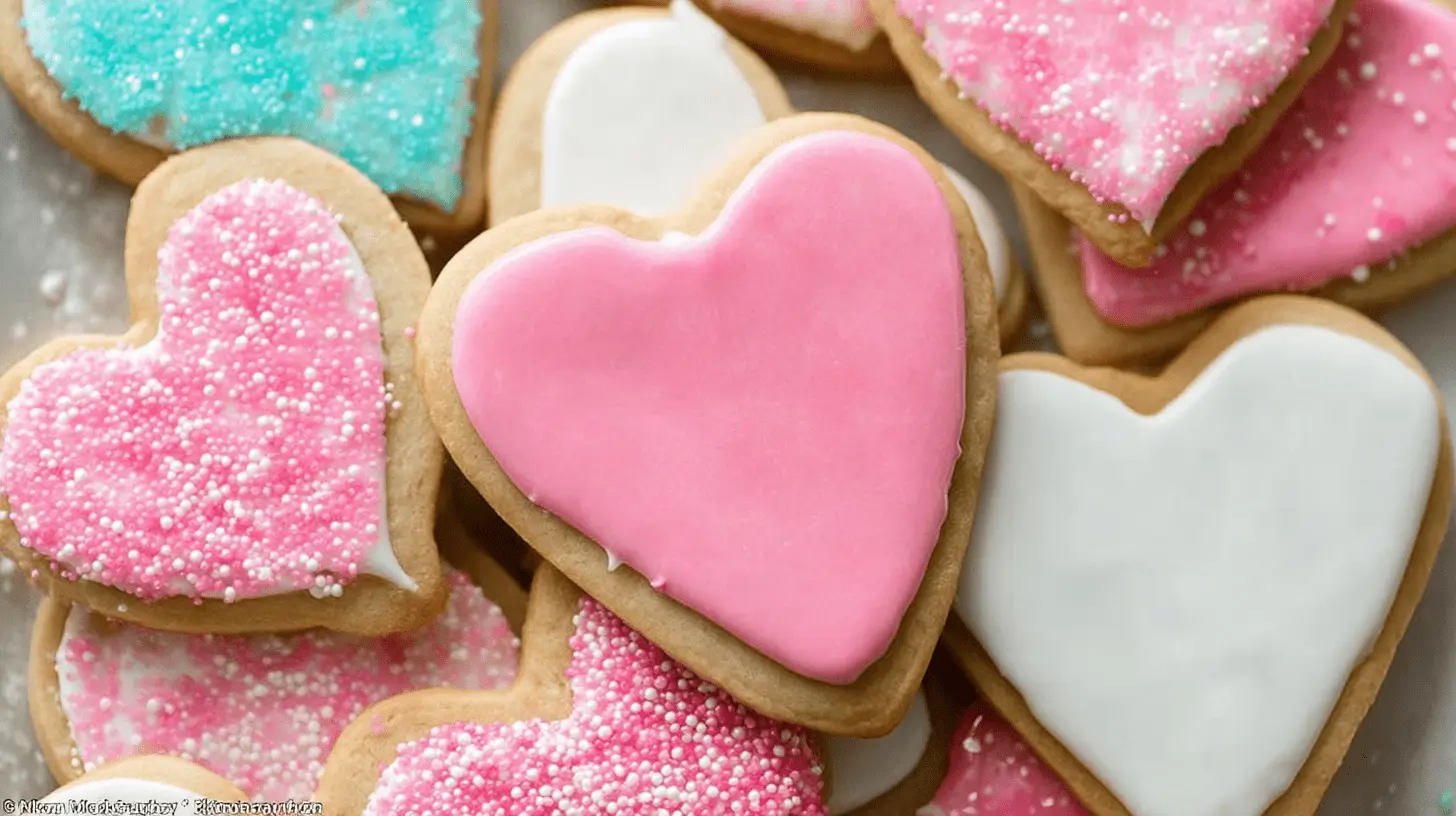 Heart-shaped sugar cookies with pastel icing and festive sprinkles.
