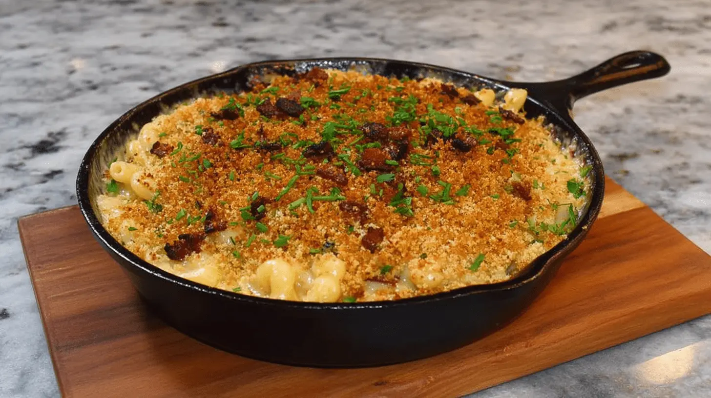 Hearty Thanksgiving Mac and Cheese baked in a cast-iron skillet with a crispy breadcrumb and bacon topping, garnished with fresh herbs.