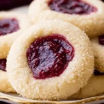 Golden-beige thumbprint cookies with sparkling sugar and vibrant raspberry jam, beautifully arranged on a decorative gold-rimmed plate.