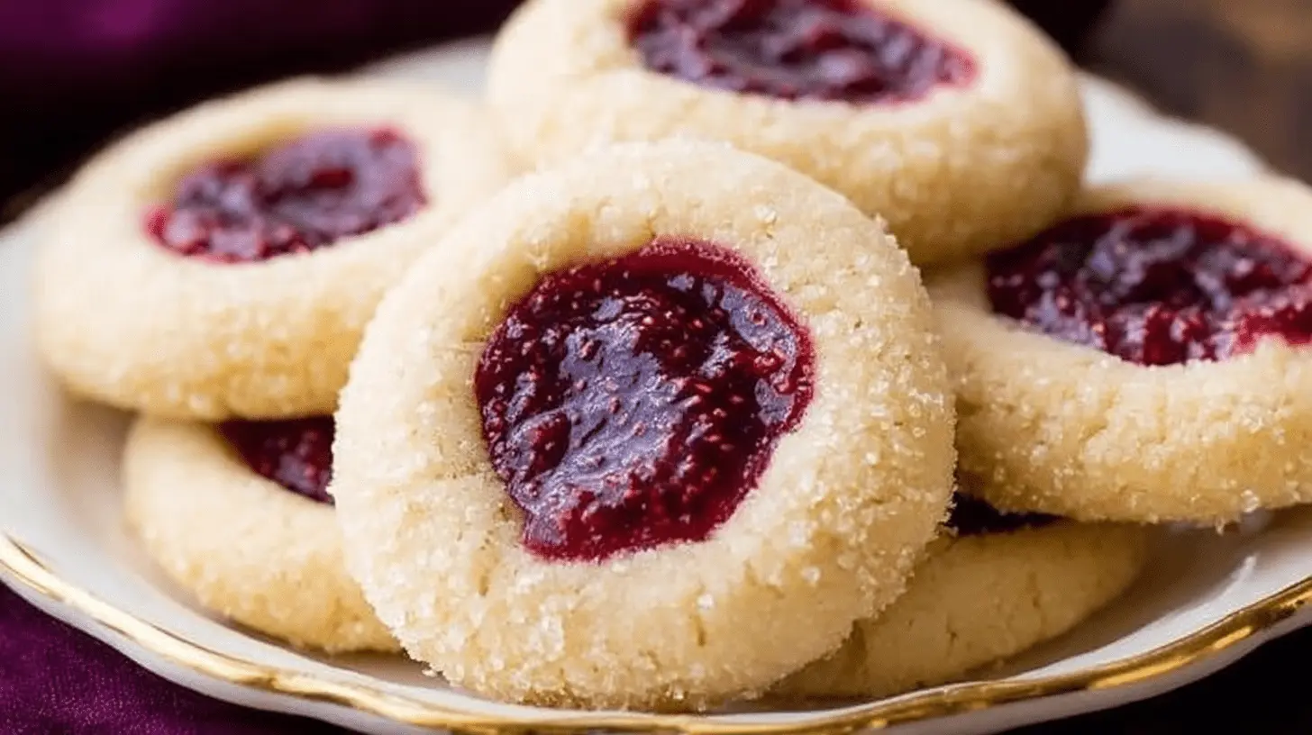 Golden-beige thumbprint cookies with sparkling sugar and vibrant raspberry jam, beautifully arranged on a decorative gold-rimmed plate.