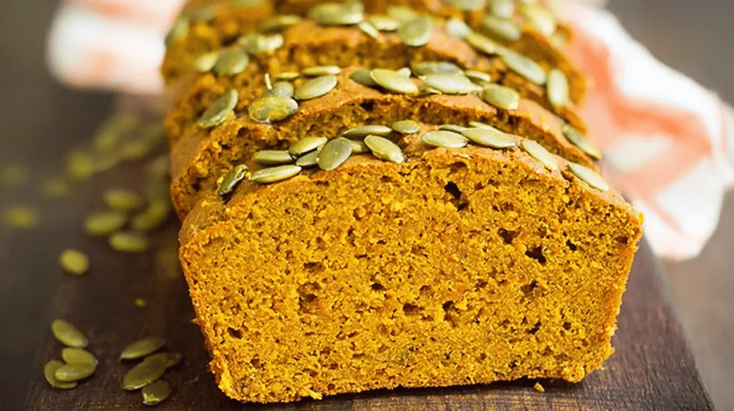 Deliciously sliced vegan pumpkin bread loaf, generously topped with vibrant green pumpkin seeds on a rustic wooden board.