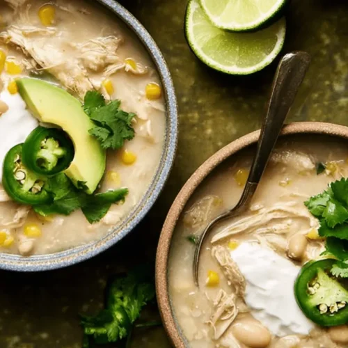 High-angle view of two rustic bowls of garnished white chicken chili recipe, featuring avocado, jalapeños, and cilantro on a dark green surface.