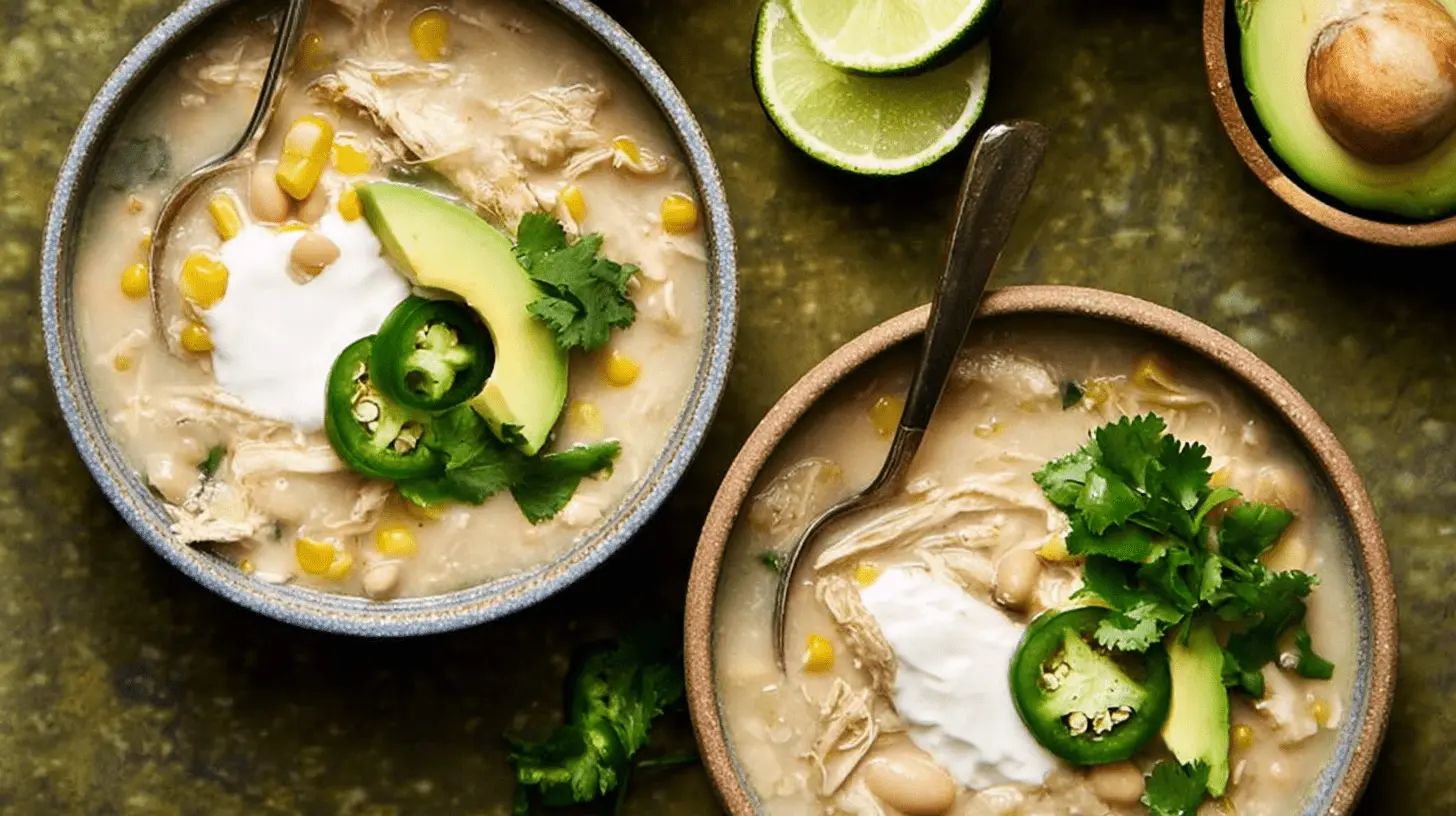 High-angle view of two rustic bowls of garnished white chicken chili recipe, featuring avocado, jalapeños, and cilantro on a dark green surface.