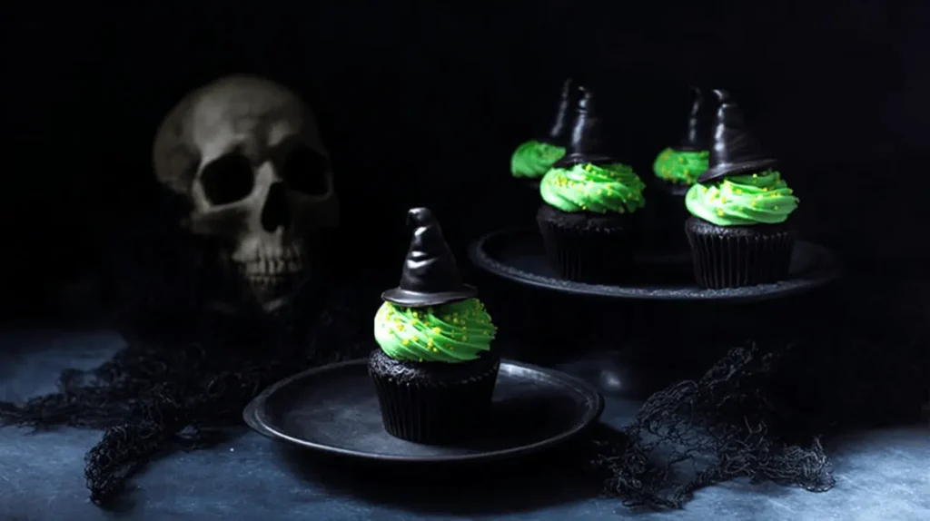 Dark Halloween still life with vibrant green witch cupcakes, chocolate hats, and an eerie skull.