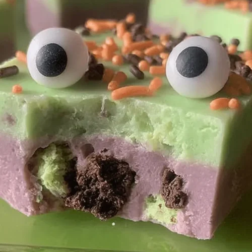 A close-up of festive Witch’s Brew Fudge, featuring vibrant lime green and lavender layers, googly eyes, and colorful Halloween sprinkles.