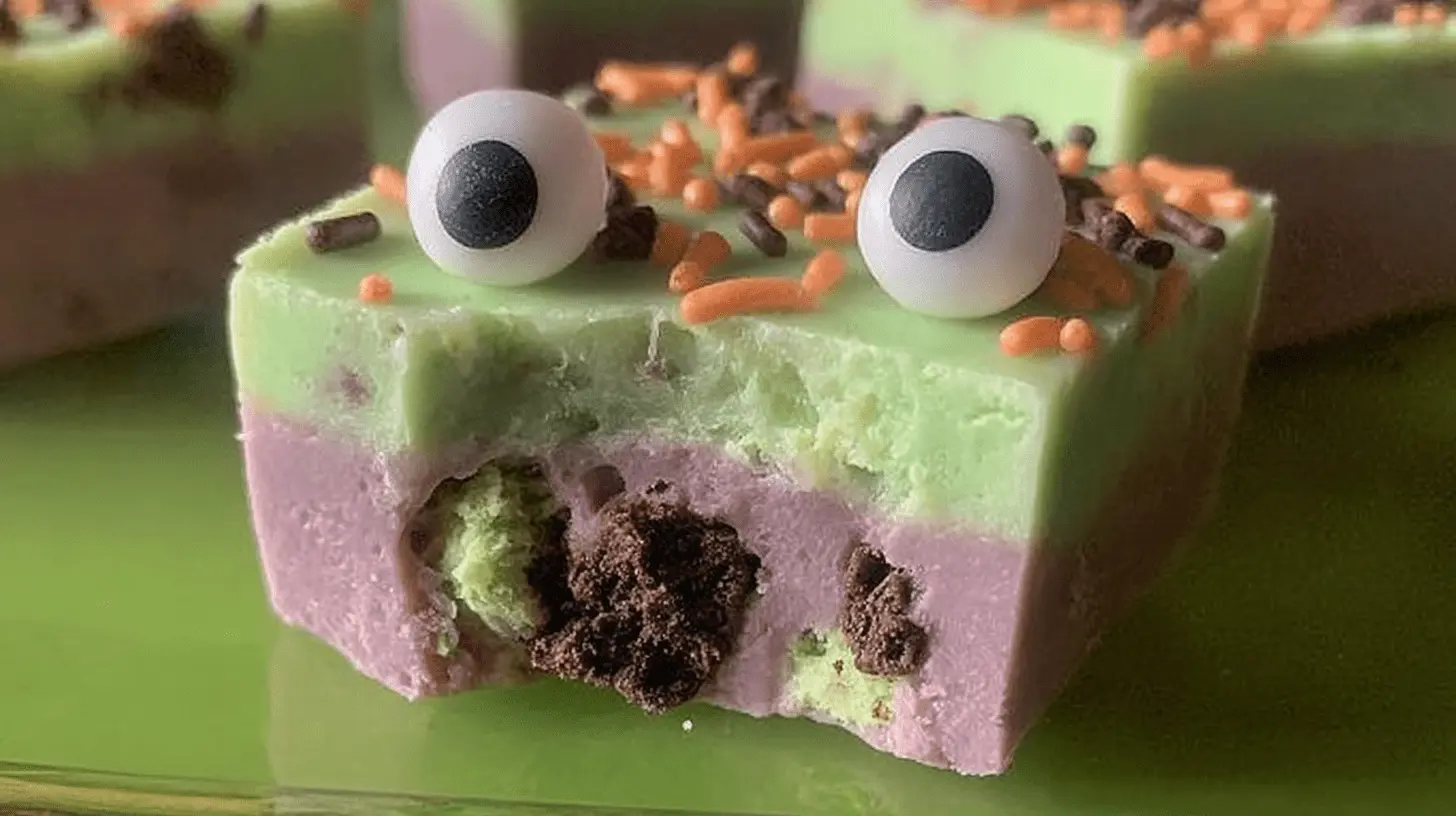 A close-up of festive Witch’s Brew Fudge, featuring vibrant lime green and lavender layers, googly eyes, and colorful Halloween sprinkles.