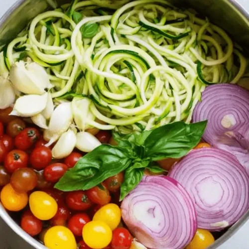 Vibrant raw ingredients, including zucchini noodles, cherry tomatoes, and garlic, prepped in a pot for a healthy 20 Minute Zucchini Pasta.