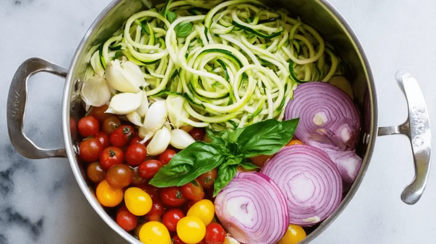 Vibrant raw ingredients, including zucchini noodles, cherry tomatoes, and garlic, prepped in a pot for a healthy 20 Minute Zucchini Pasta.