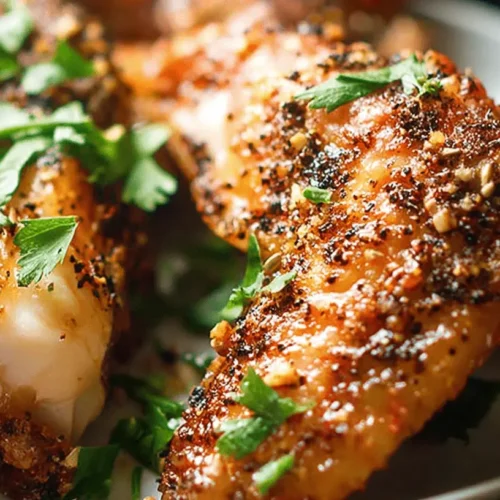 A close-up of golden-brown 3-Ingredient Honey Chicken Wings, seasoned and garnished with fresh parsley on a white plate.