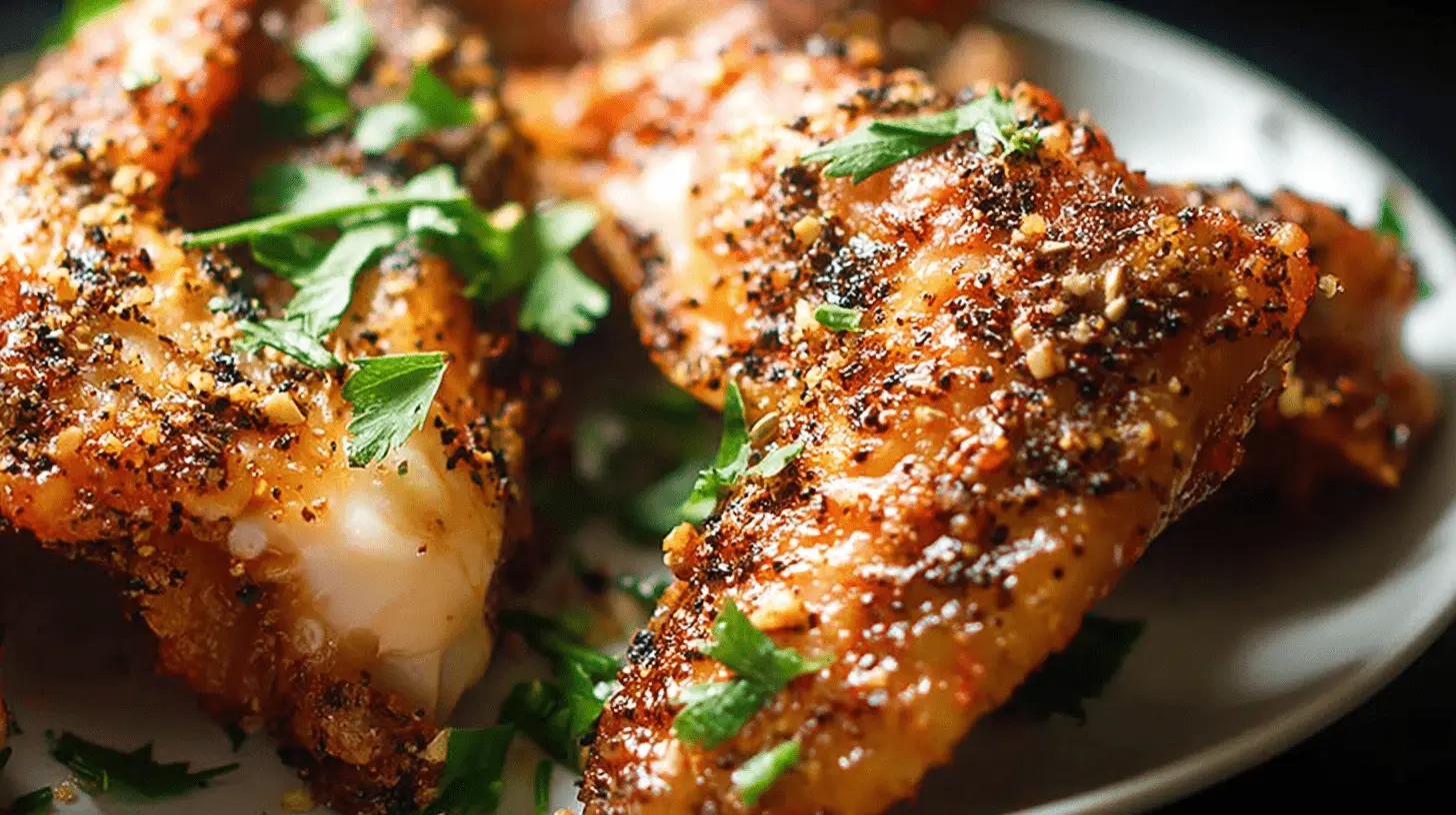 A close-up of golden-brown 3-Ingredient Honey Chicken Wings, seasoned and garnished with fresh parsley on a white plate.
