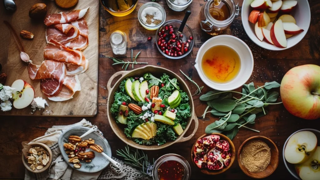 Overhead view of arugula, apples, avocado, pomegranate seeds, feta, pecans, pumpkin seeds, prosciutto, herbs, and vinaigrette ingredients arranged with olive oil and apple cider vinegar.