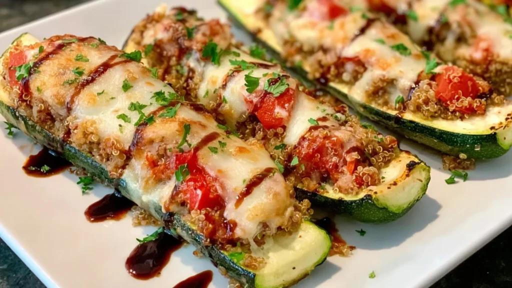 Bruschetta Quinoa Zucchini Boats on a white platter, stuffed with savory quinoa and tomato, topped with melted golden mozzarella, fresh parsley, and balsamic glaze.
