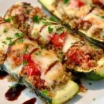 Bruschetta Quinoa Zucchini Boats on a white platter, stuffed with savory quinoa and tomato, topped with melted golden mozzarella, fresh parsley, and balsamic glaze.