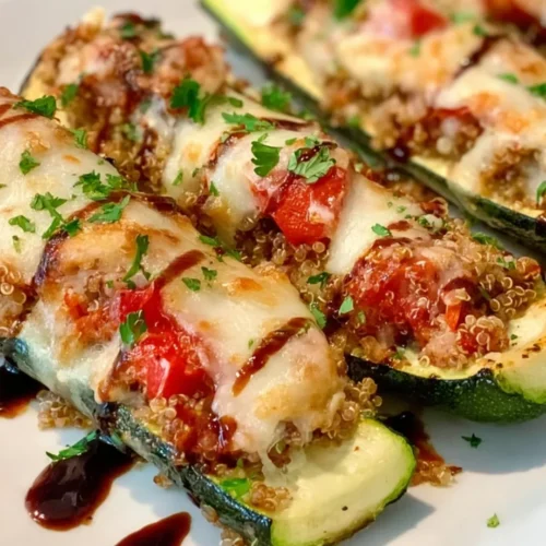 Bruschetta Quinoa Zucchini Boats on a white platter, stuffed with savory quinoa and tomato, topped with melted golden mozzarella, fresh parsley, and balsamic glaze.